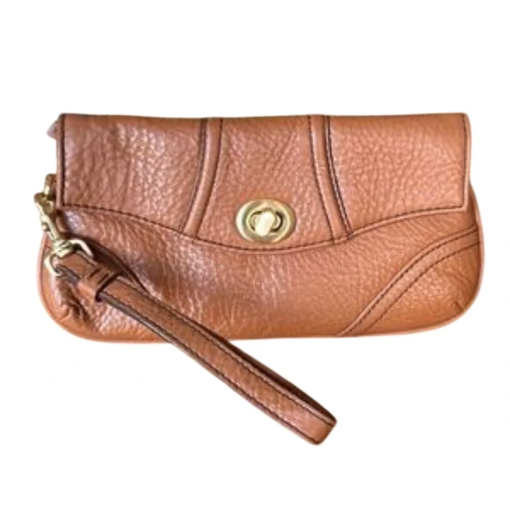 Talbots Pebbled Leather Turnlock Wristlet‎ Tan Brown Gold Hardware Clutch Bag